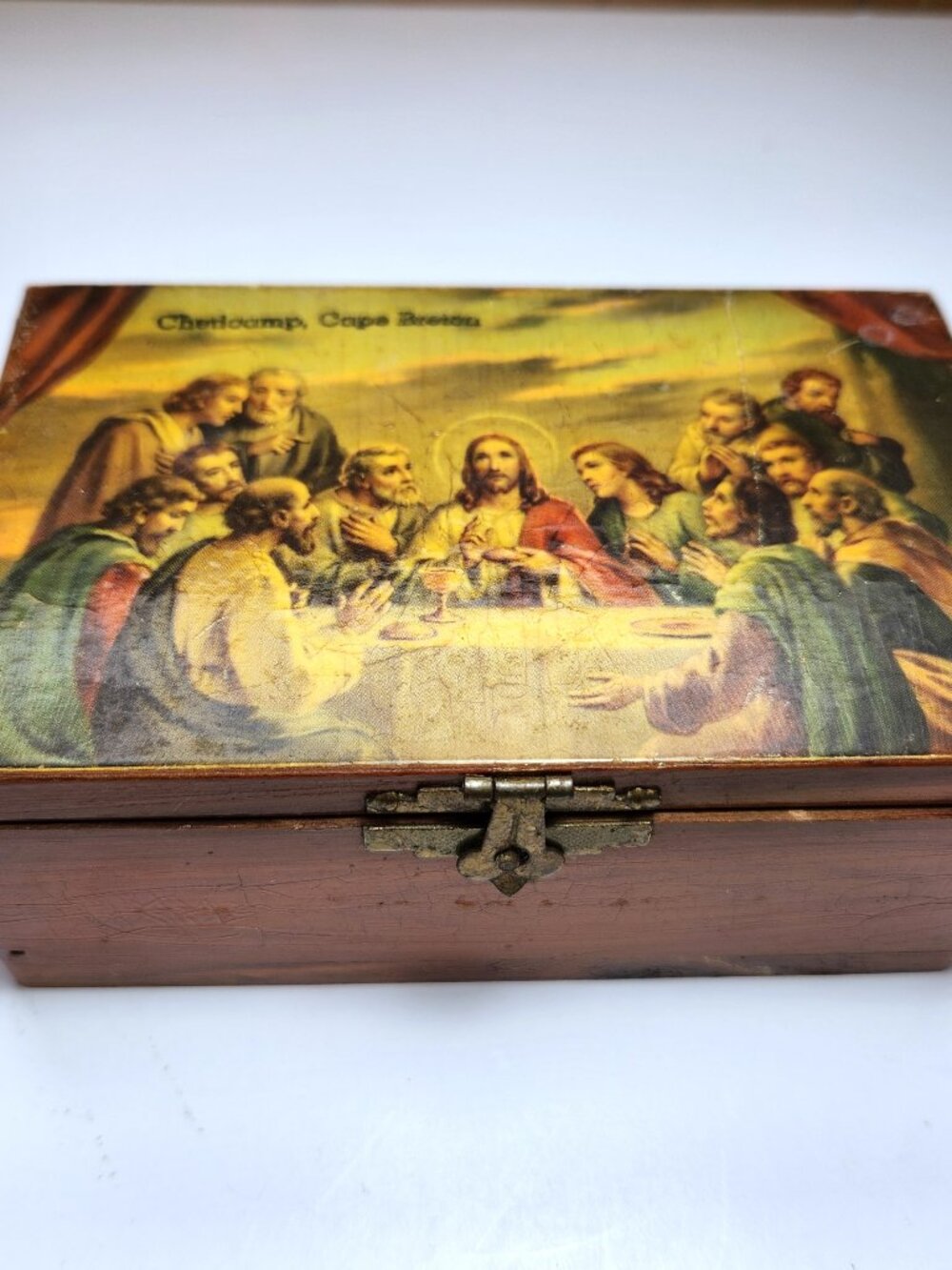 Vintage The Last Supper Cedar Box Religious Keepsake Jewelry Trinket Chest 5.5x3